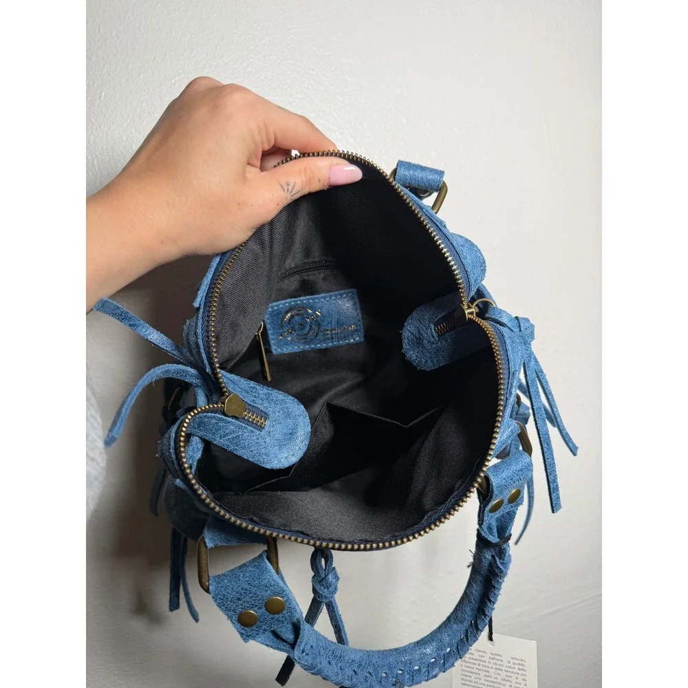 Gave Lux Le City Mini Blue Leather Satchel Handbag Made in Italy Crossbody